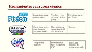 Herramientas para crear cómics
Herramienta online
muy completa
El profesor crea
sus clase (30 días
gratis)
Ejemplo de cómics
con Pixton
Herramienta online.
Divertida y con
muchas opciones
El profesor crea
clases durante 30
días de prueba
Ejemplo
Programa de
escritorio
Permite incluir
fotos y exportar a
PDF
Enlace a la
descarga del
programa portable
 
