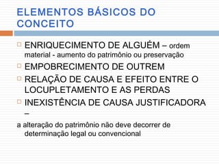 ELEMENTOS BÁSICOS DO
CONCEITO
 ENRIQUECIMENTO DE ALGUÉM – ordem
material - aumento do patrimônio ou preservação
 EMPOBRECIMENTO DE OUTREM
 RELAÇÃO DE CAUSA E EFEITO ENTRE O
LOCUPLETAMENTO E AS PERDAS
 INEXISTÊNCIA DE CAUSA JUSTIFICADORA
–
a alteração do patrimônio não deve decorrer de
determinação legal ou convencional
 