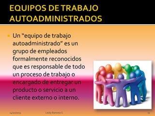 

Un “equipo de trabajo
autoadministrado” es un
grupo de empleados
formalmente reconocidos
que es responsable de todo
un proceso de trabajo o
encargado de entregar un
producto o servicio a un
cliente externo o interno.

14/10/2013

Leidy Ramirez S.

11

 