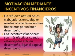 



Un refuerzo natural de los
trabajadores en cualquier
nivel es ofrecerles incentivos
financieros por un buen
desempeño.
Los incentivos financieros
son más efectivos cuando
están ligados al buen
desempeño, ligar el pago al
desempeño.
14/10/2013

Leidy Ramirez S.

13

 