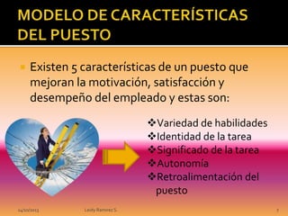 

Existen 5 características de un puesto que
mejoran la motivación, satisfacción y
desempeño del empleado y estas son:
Variedad de habilidades
Identidad de la tarea
Significado de la tarea
Autonomía
Retroalimentación del
puesto

14/10/2013

Leidy Ramirez S.

7

 