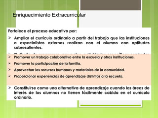 Enriquecimiento Extracurricular

Fortalece el proceso educativo por:
 Ampliar el currículo ordinario a partir del trabajo que las instituciones
  o especialistas externos realizan con el alumno con aptitudes
  sobresalientes.
 El diseño de programas, proyectos, actividades específicas centradas
 Promover un trabajo colaborativo entre la escuela y otras instituciones.
  en los intereses y aptitudes identificadas previamente en el alumno,
 Promover la participación de y/o fuera del ámbito escolar.
  que se desarrollan dentro la familia.
 Aprovechar los recursos humanos y materiales de la comunidad.
 Permitir ampliar los conocimientos, las habilidades que están incluidos
 en la planeación ordinaria del maestro a de grupo o abordar
  Proporcionar experiencias de aprendizaje distintas la escuela.
   contenidos que están fuera del plan y programas de estudio.
 Constituirse como una alternativa de aprendizaje cuando las áreas de
  interés de los alumnos no tienen fácilmente cabida en el currículo
  ordinario.
 