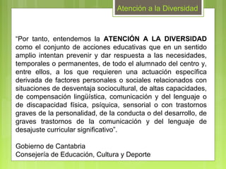 Atención a la Diversidad



“Por tanto, entendemos la ATENCIÓN A LA DIVERSIDAD
como el conjunto de acciones educativas que en un sentido
amplio intentan prevenir y dar respuesta a las necesidades,
temporales o permanentes, de todo el alumnado del centro y,
entre ellos, a los que requieren una actuación específica
derivada de factores personales o sociales relacionados con
situaciones de desventaja sociocultural, de altas capacidades,
de compensación lingüística, comunicación y del lenguaje o
de discapacidad física, psíquica, sensorial o con trastornos
graves de la personalidad, de la conducta o del desarrollo, de
graves trastornos de la comunicación y del lenguaje de
desajuste curricular significativo”.

Gobierno de Cantabria
Consejería de Educación, Cultura y Deporte
 