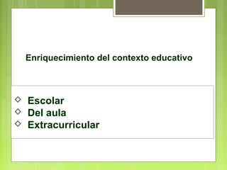 Enriquecimiento del contexto educativo



 Escolar
 Del aula
 Extracurricular
 