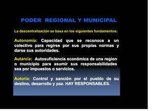 La descentralización se basa en los siguientes fundamentos:
Autonomía: Capacidad que se reconoce a un
colectivo para regirse por sus propias normas y
darse sus autoridades.
Autarcía: Autosuficiencia económica de una region
o municipio para asumir sus responsabilidades
sea por impuestos o servicios.
Autoría: Control y sanción por el pueblo de su
destino, desarrollo y paz. HAY RESPONSABLES.
 