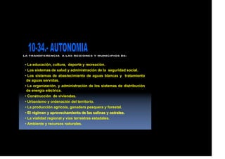 • La educación, cultura, deporte y recreación.
• Los sistemas de salud y administración de la seguridad social.
• Los sistemas de abastecimiento de aguas blancas y tratamiento
de aguas servidas.
• La organización, y administración de los sistemas de distribución
de energía eléctrica.
• Construcción de viviendas.
• Urbanismo y ordenación del territorio.
• La producción agrícola, ganadera pesquera y forestal.
• El régimen y aprovechamiento de las salinas y ostrales.
• La vialidad regional y vías terrestres estadales.
• Ambiente y recursos naturales.
 
