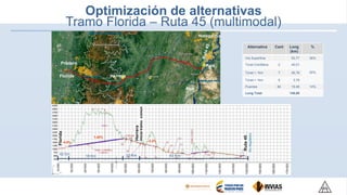 Optimización de alternativas
Tramo Florida – Ruta 45 (multimodal)
Aipe
Herrera
Pradera
Florida
Natagaima
Iniciatramocomún
Florida
Herrera
Ruta45
1.45%
- 4.4%4.0%
Alternativa Cant Long
(km)
%
Vía Superficie 50,77 36%
Túnel Cordillera 2 40,01
50%Túnel > 1km 7 26,78
Túnel < 1km 9 3,78
Puentes 84 19,46 14%
Long Total 140,80
Patá
42 Km 83 Km22 Km18 Km
 