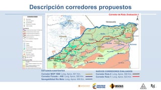 Descripción corredores propuestos
27
Corredor de Ruta: Gómez CajiaoCorredor de Ruta: FONADE - ANICorredor de Ruta: Evaluación 2Corredor de Ruta: Evaluación 1
ESTUDIOS EXISTENTES
Corredor MOP 1988: Long. Aprox. 601 Km.
Corredor Fonade – ANI: Long. Aprox. 585 Km.
NUEVOS CORREDORES EVALUADOS
Corredor Ruta 2: Long. Aprox. 590 Km.
Corredor Ruta 1: Long. Aprox. 623 Km
Navegabilidad Rio Meta: Long. Aprox. 600 Km.
 