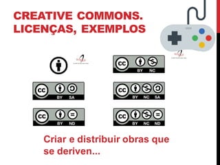 CREATIVE COMMONS.
LICENÇAS, EXEMPLOS
Criar e distribuir obras que
se deriven...
 