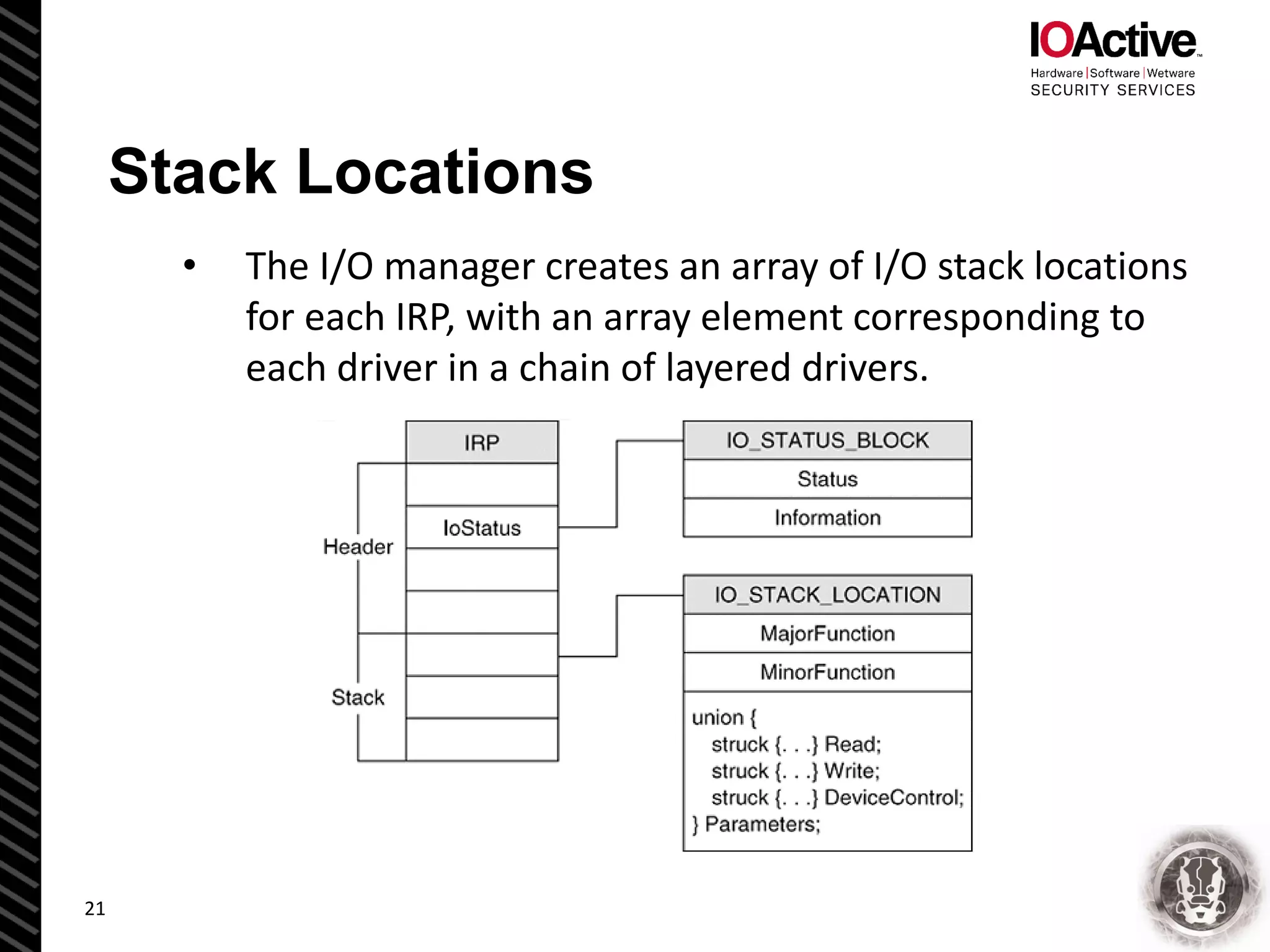 Stack Locations
• The I/O manager creates an array of I/O stack locations
for each IRP, with an array element corresponding to
each driver in a chain of layered drivers.
21
 