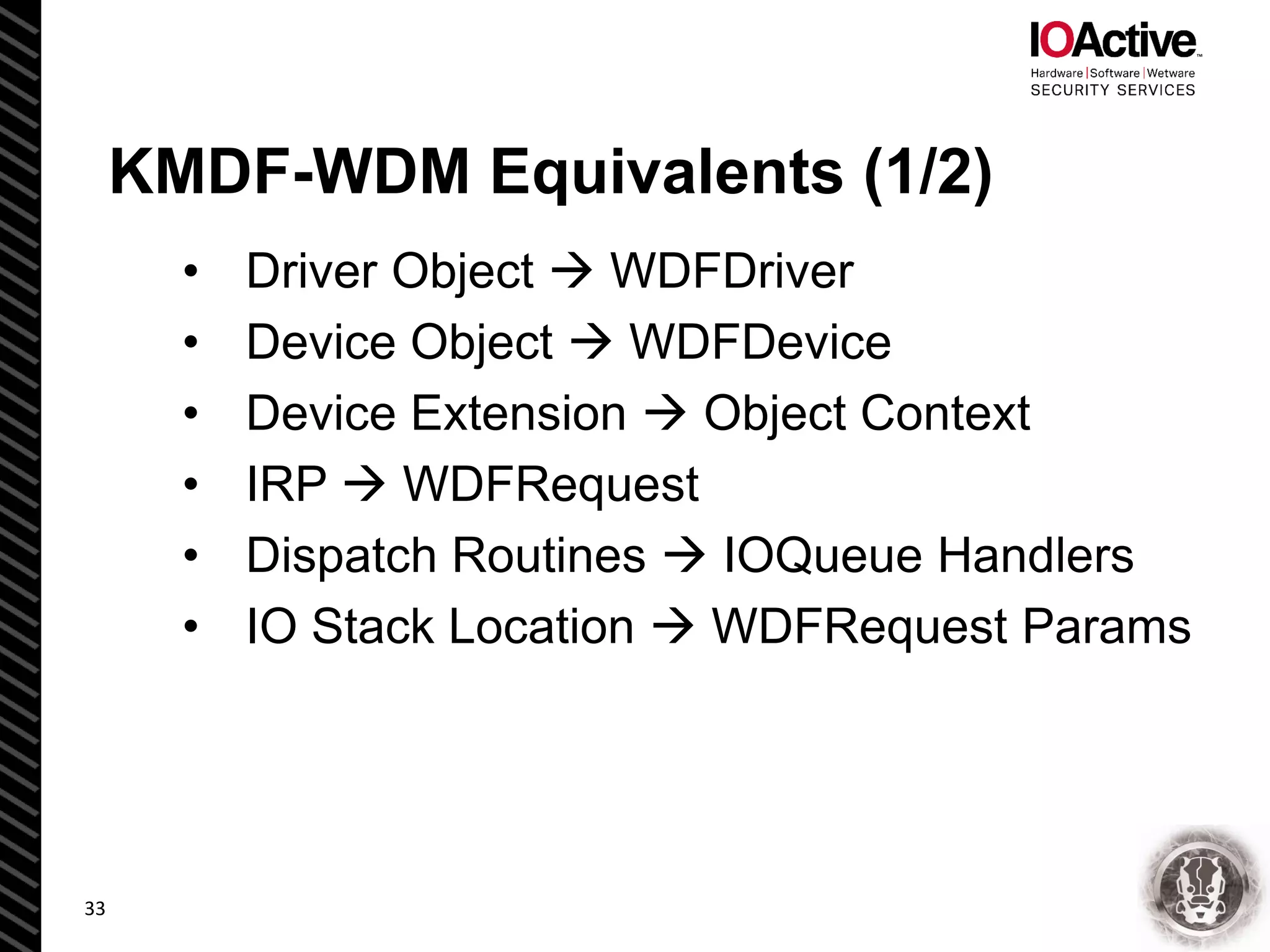 KMDF-WDM Equivalents (1/2)
• Driver Object  WDFDriver
• Device Object  WDFDevice
• Device Extension  Object Context
• IRP  WDFRequest
• Dispatch Routines  IOQueue Handlers
• IO Stack Location  WDFRequest Params
33
 