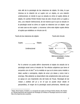 2
más allá de la psicología de las relaciones de objeto. En ésta, lo que
interesa es la relación de un sujeto con un objeto, en una relación
unidireccional, en donde lo que se estudia es cómo el sujeto afecta al
objeto. En cambio Pichón Rivière hace de este vínculo entre un sujeto y
otro, una relación bidireccional, de tal manera que lo que se estudia en
la psicología social es cómo un sujeto se relaciona con un objeto −que
en este caso es otro sujeto− y viceversa: cómo este objeto−sujeto afecta
al sujeto que establece un vínculo con él.
Teoría de las relaciones de objeto: Teoría del vínculo:
Por lo anterior se puede definir claramente al objeto de estudio de la
psicología social como el estudio de “los efectos subjetivos que tiene el
encuentro con el otro”4
en la medida en que se lo toma como modelo o
ideal, auxiliar o semejante, objeto de amor y/o deseo y como rival o
enemigo. Más adelante se desarrollará más ampliamente este punto que
se apoya en una importante cita del texto de Freud, Psicología de las
masas y análisis del yo y en el que se puede situar desde el
psicoanálisis, el origen de la psicología social pichoniana. Además que
4
Mejía, María Paulina. El ECRO y su concepción de sujeto en Enrique Pichón−Rivière. EN: Poiésis
#5. Revista electrónica del Programa de Psicología con énfasis en Psicología Social de la Funlam.
http://di.amigomed.edu.co/poiesis.
Sujeto Objeto
Unidireccional Sujeto Sujeto
Bidireccionalidad y mutua
afectación
 