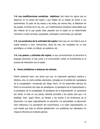 25
7.4. Las modificaciones somáticas objetivas: Son todos los signos que se
observan en el cuerpo del sujeto y que hablan de su estado de ánimo o sus
sentimientos. El sudor de las manos y las axilas, las manos frías, la dilatación de
las pupilas, el timbre de la voz, etc., son modificaciones somáticas observables que
dan indicios de lo que puede estar pasando con el sujeto en un determinado
momento: si está nerviosos, angustiado, estresado o enamorado, por ejemplo.
7.5. Los productos de la actividad del sujeto: tiene que ver con todo lo que el
sujeto produce o crea: manuscritos, obras de arte, los resultados de un test
psicológico, un relato, un dibujo, sus palabras, etc.
7.6. Los gestos y actitudes del sujeto: lo que corrientemente se denomina el
lenguaje preverbal, el cual, junto a la comunicación verbal, es fundamental en el
proceso de interacción con el sujeto.
8. Pares antitéticos o sistemas de síntesis.
Pichón pretende hacer una teoría que sea, no solamente operativa, práctica y
efectiva, sino, en cierto sentido, abarcativa, compleja en el sentido del «paradigma
de la complejidad», introducido por Edgar Morín. En los desarrollos teóricos de
Morín se encuentran dos tipos de paradigmas: el paradigma de la fragmentación y
el paradigma de la complejidad. El paradigma de la fragmentación se caracteriza
por dividir al todo en sus partes, dándole prioridad a las partes más que a la
totalidad. Esto, según Morín, ha llevado a las teorías a los fenómenos de la
disyunción y la súper especialización, la reducción y la racionalidad. La disyunción
hace referencia a la parcelación del conocimiento, a la súper especialización, lo
cual impide que todo se afronte globalmente. Los problemas son abordados sin
ninguna referencia al contexto general.
 