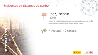 Incidentes en sistemas de control
Lodz, Polonia
(2008)
Joven de 14 años, por diversión convierte el mando de su TV
en un mando para cambiar las ajugas de trenes.
4 tranvías y 12 heridos.
 