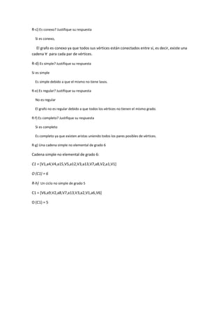 R-c) Es conexo? Justifique su respuesta
Si es conexo,

El grafo es conexo ya que todos sus vértices están conectados entre sí, es decir, existe una
cadena ∀ para cada par de vértices.
R-d) Es simple? Justifique su respuesta
Si es simple
Es simple debido a que el mismo no tiene lasos.
R-e) Es regular? Justifique su respuesta
No es regular
El grafo no es regular debido a que todos los vértices no tienen el mismo grado.
R-f) Es completo? Justifique su respuesta
Si es completo
Es completo ya que existen aristas uniendo todos los pares posibles de vértices.
R-g) Una cadena simple no elemental de grado 6

Cadena simple no elemental de grado 6:
C1 = [V1,a4,V4,a15,V5,a12,V3,a13,V7,a8,V2,a1,V1]
O (C1) = 6
R-h) Un ciclo no simple de grado 5
C1 = [V6,a9,V2,a8,V7,a13,V3,a2,V1,a6,V6]
O (C1) = 5

 