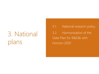 3. National
plans
3.1. National research policy
3.2. Harmonisation of the
State Plan for R&D&i with
Horizon 2020
 