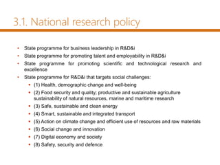 3.1. National research policy
• State programme for business leadership in R&D&i
• State programme for promoting talent and employability in R&D&i
• State programme for promoting scientific and technological research and
excellence
• State programme for R&D&i that targets social challenges:
 (1) Health, demographic change and well-being
 (2) Food security and quality; productive and sustainable agriculture
sustainability of natural resources, marine and maritime research
 (3) Safe, sustainable and clean energy
 (4) Smart, sustainable and integrated transport
 (5) Action on climate change and efficient use of resources and raw materials
 (6) Social change and innovation
 (7) Digital economy and society
 (8) Safety, security and defence
 