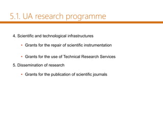 5.1. UA research programme
4. Scientific and technological infrastructures
• Grants for the repair of scientific instrumentation
• Grants for the use of Technical Research Services
5. Dissemination of research
• Grants for the publication of scientific journals
 