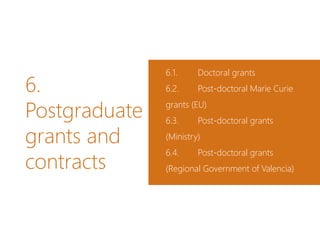 6.
Postgraduate
grants and
contracts
6.1. Doctoral grants
6.2. Post-doctoral Marie Curie
grants (EU)
6.3. Post-doctoral grants
(Ministry)
6.4. Post-doctoral grants
(Regional Government of Valencia)
 