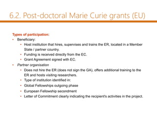 6.2. Post-doctoral Marie Curie grants (EU)
Types of participation:
• Beneficiary:
• Host institution that hires, supervises and trains the ER, located in a Member
State / partner country.
• Funding is received directly from the EC.
• Grant Agreement signed with EC.
• Partner organisation
• Does not hire the ER (does not sign the GA), offers additional training to the
ER and hosts visiting researchers.
• Type of institution identified in:
• Global Fellowships outgoing phase
• European Fellowship secondment
• Letter of Commitment clearly indicating the recipient's activities in the project.
 