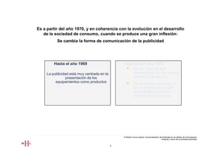 Es a partir del año 1970, y en coherencia con la evolución en el desarrollo
   de la sociedad de consumo, cuando se produce una gran inflexión:
           Se cambia la forma de comunicación de la publicidad




         Hasta el año 1969                        A partir del año 1970
                                                             Se da prioridad a la
     La publicidad está muy centrada en la                   presentación de las marcas
                presentación de los                          sobre sus productos
          equipamientos como productos
                                                             Se empieza a publicitar en
                                                             los anuncios personajes
                                                             que reflejan el público
                                                             objetivo de las marcas




         Convertir el cu
                                                 III Edición Curso superior Comercialización de Publicidad en los Medios de Comunicación
                                                                                               Presente y futuro de la actividad publicitaria


                                             4
 