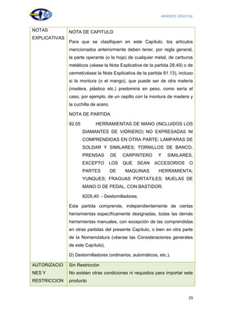 ARANCEL DIGILTAL


NOTAS          NOTA DE CAPITULO
EXPLICATIVAS
               Para que se clasifiquen en este Capítulo, los artículos
               mencionados anteriormente deben tener, por regla general,
               la parte operante (o la hoja) de cualquier metal, de carburos
               metálicos (véase la Nota Explicativa de la partida 28.49) o de
               cermet(véase la Nota Explicativa de la partida 81.13), incluso
               si la montura (o el mango), que puede ser de otra materia
               (madera, plástico etc.) predomina en peso, como sería el
               caso, por ejemplo, de un cepillo con la montura de madera y
               la cuchilla de acero.

               NOTA DE PARTIDA

               82.05         HERRAMIENTAS DE MANO (INCLUIDOS LOS
                       DIAMANTES DE VIDRIERO) NO EXPRESADAS NI
                       COMPRENDIDAS EN OTRA PARTE; LAMPARAS DE
                       SOLDAR Y SIMILARES; TORNILLOS DE BANCO,
                       PRENSAS         DE   CARPINTERO      Y    SIMILARES,
                       EXCEPTO      LOS     QUE   SEAN    ACCESORIOS        O
                       PARTES          DE   MAQUINAS         HERRAMIENTA;
                       YUNQUES; FRAGUAS PORTATILES; MUELAS DE
                       MANO O DE PEDAL, CON BASTIDOR.

                       8205.40 - Destornilladores.

               Esta partida comprende, independientemente de ciertas
               herramientas específicamente designadas, todas las demás
               herramientas manuales, con excepción de las comprendidas
               en otras partidas del presente Capítulo, o bien en otra parte
               de la Nomenclatura (véanse las Consideraciones generales
               de este Capítulo).

               D) Destornilladores (ordinarios, automáticos, etc.).

AUTORIZACIO    Sin Restricción
NES Y          No existen otras condiciones ni requisitos para importar este
RESTRICCION    producto


                                                                           29
 