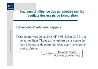 33
CETE
Méditerranée
Facteurs d’influence des paramètres sur les
résultats des essais de formulation
Définitions et relations: rappels
Dans les normes de la série NF P 98-130 à 98-141, la
teneur en liant TLext est le rapport de la masse de
liant à la masse de granulats secs, exprimé en pour-
cent extérieur.
 