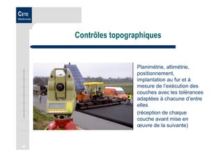 60
CETE
Méditerranée
Contrôles topographiques
Planimétrie, altimétrie,
positionnement,
implantation au fur et à
mesure de l’exécution des
couches avec les tolérances
adaptées à chacune d’entre
elles
(réception de chaque
couche avant mise en
œuvre de la suivante)
 