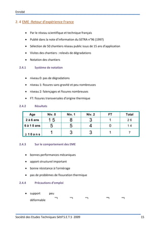 Enrobé
Société des Etudes Techniques Sétif S.E.T.S 2009 15
2. 4 EME -Retour d’expérience France
 Par le réseau scientifique et technique français
 Publié dans la note d’information du SETRA n°96 (1997)
 Sélection de 50 chantiers réseau public issus de 15 ans d’application
 Visites des chantiers : relevés de dégradations
 Notation des chantiers
2.4.1 Système de notation
 niveau 0: pas de dégradations
 niveau 1: fissures sans gravité et peu nombreuses
 niveau 2: faïençages et fissures nombreuses
 FT: fissures transversales d’origine thermique
2.4.2 Résultats
Age Niv. 0 Niv. 1 Niv. 2 FT Total
2 à 6 ans 1 5 8 3 1 2 6
6 à 1 0 ans 5 5 4 0 1 4
1 0 a n s 1 3 3 1 7
2.4.3 Sur le comportement des EME
 bonnes performances mécaniques
 apport structurel important
 bonne résistance à l’orniérage
 pas de problèmes de fissuration thermique
2.4.4 Précautions d’emploi
 support peu
déformable
 