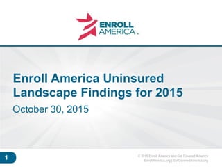 © 2015 Enroll America and Get Covered America
EnrollAmerica.org | GetCoveredAmerica.org
Click to edit master
title style.
1
Enroll America Uninsured
Landscape Findings for 2015
October 30, 2015
 