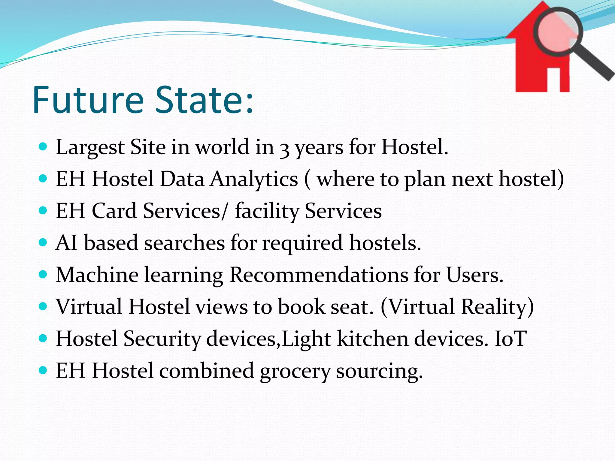 Future State:
 Largest Site in world in 3 years for Hostel.
 EH Hostel Data Analytics ( where to plan next hostel)
 EH Card Services/ facility Services
 AI based searches for required hostels.
 Machine learning Recommendations for Users.
 Virtual Hostel views to book seat. (Virtual Reality)
 Hostel Security devices,Light kitchen devices. IoT
 EH Hostel combined grocery sourcing.
 