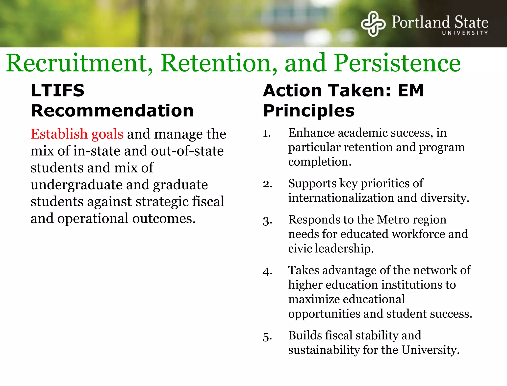 The city and the region will look increasingly to Portland State to support its economic, social and cultural development.Clustered RecommendationsCurricular efficiency and effectiveness as a fiscal strategy