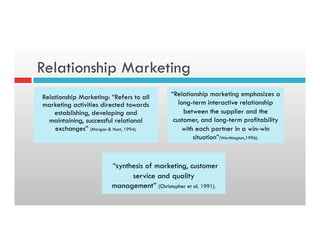 Relationship Marketing
Relationship Marketing: “Refers to all
marketing activities directed towards
establishing, developing and
maintaining, successful relational
exchanges” (Morgan & Hunt, 1994).
“synthesis of marketing, customer
service and quality
management” (Christopher et al. 1991).
“Relationship marketing emphasizes a
long-term interactive relationship
between the supplier and the
customer, and long-term profitability
with each partner in a win-win
situation”(Worthington,1996).
 