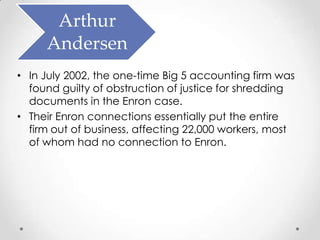 Arthur
     Andersen
• In July 2002, the one-time Big 5 accounting firm was
  found guilty of obstruction of justice for shredding
  documents in the Enron case.
• Their Enron connections essentially put the entire
  firm out of business, affecting 22,000 workers, most
  of whom had no connection to Enron.
 