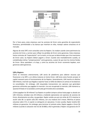 Por si fuera poco, estas empresas usan las acciones de Enron como garantías de especulación
financiera, permitiéndole a los bancos que invertían en ellas, manejar valores atractivos en el
mercado.

Algunas de estas SPE’s eran conocidas como las Raptors. Se creaban usando como patrimonio las
acciones de Enron, y servían para reflejar las perdidas de Enron como ganancias. Estas empresas
hacían contratos de “especulación” con la matriz, en las que se determinaba que si las inversiones
de Enron caían, las Raptors debían pagarle a Enron. Cuando esto inevitablemente sucedía, se
contabilizaban dichas “compensaciones” como ganancias, a pesar de que eran los mismos fondos
de Enron. Otras apostaban a la baja, y como las acciones de Enron raramente bajaban, eran
ganancias sobre ganancias.



LJM y Raptors
Como se menciono anteriormente, LJM servia de plataforma para obtener recursos que
financiaran a las SPE’s y en última instancia al mismo Enron. LJM tenia como función proveer el
capital necesario para el funcionamiento de las Raptors. Generalmente, LJM invertia en efectivo
$30 millones, inversión que llegaba a soportar hasta un billón de dólares en activos en los balances
no consolidados. Sin embargo, LJM orquestaba transacciones con opciones que generaban
ganancias suficientes que pagaban la inversión. Una vez recuperada la inversión, LJM mantenia su
apuesta limitada en la sociedad y continuaba germinando otras sociedades.

¿Cómo pagaban los 30 millones? Las Raptors no podían comprar activos hasta pagar su deuda con
LJM. Entonces, tomaban esos 30 millones y mediante operaciones con opciones de acciones de
Enron, directamente con ellos, recuperaban. Raptor vendia una put con strike de 57,5 mientras la
acción valia 68. La opción valía $41 millones, con una madurez de 6 meses. Mientras el precio
estuviese sobre 57,5, la opción se extinguiría sin ejecutarse. Si esto sucedia, Raptor tendría $41
millones en ganancias. Sin embargo, para terminar el contrato antes, Raptor pagaba a Enron $4
millones (cuando la valuación real era de $4.000) y ello le generaba a Raptor una ganancia de 37


                                                                                                 10
 