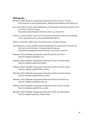 Bibliografía
BBC News. (2005). BBC News. Recuperado el Noviembre de 2012, de Enron: Timeline:
      http://news.bbc.co.uk/hi/english/static/in_depth/business/2002/enron/timeline/1.stm

Buy Low Sell High LLC. (2012). StockTradingCards.com. Recuperado el Noviembre de 2012, de The
       Enron Fraud - Chart vs. analysts:
       http://www.stocktradingcards.com/enron_charts_vs_analysts.html

Chamero, J. (Enero de 2001). aunmas.com. Recuperado el Noviembre de 2012, de El escándalo
      Enron: http://www.aunmas.com/ataque/globalidad_08.htm

Gibney, A. (Dirección). (2005). Enron: The Smartest Guys in the Room [Película].

James Bodurthua, J. (Enero de 2002). bodurtha.georgetown.edu. Recuperado el Noviembre de
       2012, de Enron's Shell Game - A Valuation-Based Perspective:
       http://bodurtha.georgetown.edu/enron/Enron_Shell_Game_insert.htm

Wikipedia. (2012). Wikipedia. Recuperado el Noviembre de 2012, de Lou Pai:
       http://en.wikipedia.org/wiki/Lou_Pai

Wikipedia. (2012). Wikipedia. Recuperado el Noviembre de 2012, de Jeffrey Skilling:
       http://en.wikipedia.org/wiki/Jeff_Skilling

Wikipedia. (2012). Wikipedia. Recuperado el Noviembre de 2012, de Insider trading:
       http://en.wikipedia.org/wiki/Insider_trading

Wikipedia. (2012). Wikipedia. Recuperado el Noviembre de 2012, de Andrew Fastow:
       http://en.wikipedia.org/wiki/Andrew_Fastow

Wikipedia. (2012). Wikipedia. Recuperado el Noviembre de 2012, de Kenneth Lay:
       http://en.wikipedia.org/wiki/Kenneth_Lay

Wikipedia. (2012). Wikipedia. Recuperado el Noviembre de 2012, de Enron Scandal:
       http://en.wikipedia.org/wiki/Enron_scandal

Wikipedia. (2012). Wikipedia. Recuperado el Noviembre de 2012, de Clifford Baxter:
       http://en.wikipedia.org/wiki/J._Clifford_Baxter




                                                                                            18
 