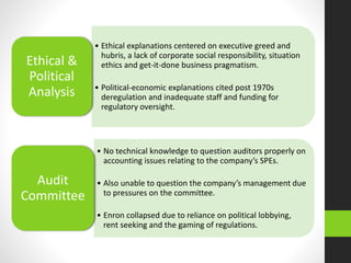 • Ethical explanations centered on executive greed and
hubris, a lack of corporate social responsibility, situation
ethics and get-it-done business pragmatism.
• Political-economic explanations cited post 1970s
deregulation and inadequate staff and funding for
regulatory oversight.
Ethical &
Political
Analysis
• No technical knowledge to question auditors properly on
accounting issues relating to the company’s SPEs.
• Also unable to question the company’s management due
to pressures on the committee.
• Enron collapsed due to reliance on political lobbying,
rent seeking and the gaming of regulations.
Audit
Committee
 