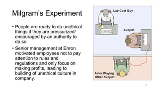 Milgram’s Experiment
• People are ready to do unethical
things if they are pressurized/
encouraged by an authority to
do so.
• Senior management at Enron
motivated employees not to pay
attention to rules and
regulations and only focus on
making profits, leading to
building of unethical culture in
company.
12
 
