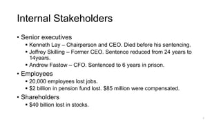 Internal Stakeholders
• Senior executives
 Kenneth Lay – Chairperson and CEO. Died before his sentencing.
 Jeffrey Skilling – Former CEO. Sentence reduced from 24 years to
14years.
 Andrew Fastow – CFO. Sentenced to 6 years in prison.
• Employees
 20,000 employees lost jobs.
 $2 billion in pension fund lost. $85 million were compensated.
• Shareholders
 $40 billion lost in stocks.
7
 