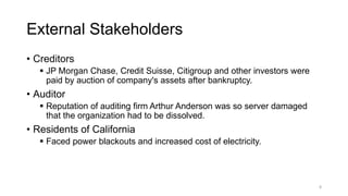 External Stakeholders
• Creditors
 JP Morgan Chase, Credit Suisse, Citigroup and other investors were
paid by auction of company's assets after bankruptcy.
• Auditor
 Reputation of auditing firm Arthur Anderson was so server damaged
that the organization had to be dissolved.
• Residents of California
 Faced power blackouts and increased cost of electricity.
8
 