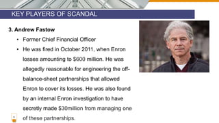 KEY PLAYERS OF SCANDAL
6
3. Andrew Fastow
• Former Chief Financial Officer
• He was fired in October 2011, when Enron
losses amounting to $600 million. He was
allegedly reasonable for engineering the off-
balance-sheet partnerships that allowed
Enron to cover its losses. He was also found
by an internal Enron investigation to have
secretly made $30million from managing one
of these partnerships.
 