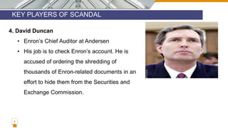 KEY PLAYERS OF SCANDAL
7
4. David Duncan
• Enron’s Chief Auditor at Andersen
• His job is to check Enron’s account. He is
accused of ordering the shredding of
thousands of Enron-related documents in an
effort to hide them from the Securities and
Exchange Commission.
 