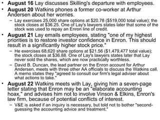 • August 16 Lay discusses Skilling's departure with employees.
• August 20 Watkins phones a former co-worker at Arthur
Andersen about her worries.
– Lay exercises 25,000 share options at $20.78 ($519,000 total value); the
stock closes at $36.25. One of Lay's lawyers states later that some of the
stock was used to repay an Enron line of credit.
• August 21 Lay emails employees, stating "one of my highest
priorities is to restore investor confidence in Enron. This should
result in a significantly higher stock price."
– He exercises 68,620 share options at $21.56 ($1,479,477 total value);
the stock closes at $36.88. One of Lay's lawyers states later that Lay
never sold the shares, which are now practically worthless.
– David B. Duncan, the lead partner on the Enron account for Arthur
Andersen, meets with three other AA officials to discuss the Watkins call.
A memo states they "agreed to consult our firm's legal adviser about
what actions to take."
• August 22 Watkins meets with Lay, giving him a seven-page
letter stating that Enron may be an "elaborate accounting
hoax," and advises him not to involve Vinson & Elkins, Enron's
law firm, because of potential conflicts of interest.
– V&E is asked if an inquiry is necessary, but told not to bother "second-
guessing the accounting advice and treatment."
 