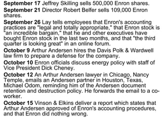 September 17 Jeffrey Skilling sells 500,000 Enron shares.
September 21 Director Robert Belfer sells 109,000 Enron
shares.
September 26 Lay tells employees that Enron's accounting
practices are "legal and totally appropriate," that Enron stock is
"an incredible bargain," that he and other executives have
bought Enron stock in the last two months, and that "the third
quarter is looking great" in an online forum.
October 9 Arthur Andersen hires the Davis Polk & Wardwell
law firm to prepare a defense for the company.
October 10 Enron officials discuss energy policy with staff of
Vice President Dick Cheney.
October 12 An Arthur Andersen lawyer in Chicago, Nancy
Temple, emails an Andersen partner in Houston, Texas,
Michael Odom, reminding him of the Andersen document
retention and destruction policy. He forwards the email to a co-
worker.
October 15 Vinson & Elkins deliver a report which states that
Arthur Andersen approved of Enron's accounting procedures,
and that Enron did nothing wrong.
 