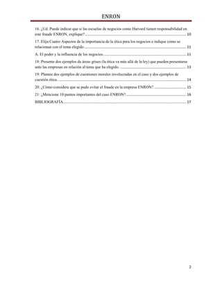 ENRON
2
16. ¿Ud. Puede indicar que si las escuelas de negocios como Harvard tienen responsabilidad en
este fraude ENRON, explique? ..................................................................................................... 10
17. Elija Cuatro Aspectos de la importancia de la ética para los negocios e indique como se
relacionan con el tema elegido...................................................................................................... 11
A. El poder y la influencia de los negocios................................................................................... 11
18: Presente dos ejemplos de áreas grises (la ética va más allá de la ley) que pueden presentarse
ante las empresas en relación al tema que ha elegido. .................................................................. 13
19: Plantee dos ejemplos de cuestiones morales involucradas en el caso y dos ejemplos de
cuestión ética................................................................................................................................. 14
20: ¿Cómo considera que se pudo evitar el fraude en la empresa ENRON? ................................ 15
21: ¿Mencione 10 puntos importantes del caso ENRON?............................................................ 16
BIBLIOGRAFÍA........................................................................................................................... 17
 