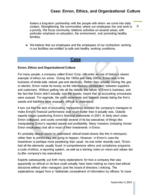 enron ethics and organizational culture case study answers