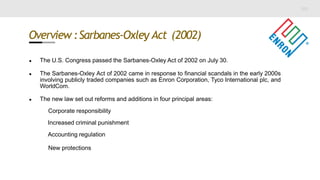 Overview :Sarbanes-Oxley Act (2002)
● The U.S. Congress passed the Sarbanes-Oxley Act of 2002 on July 30.
● The Sarbanes-Oxley Act of 2002 came in response to financial scandals in the early 2000s
involving publicly traded companies such as Enron Corporation, Tyco International plc, and
WorldCom.
● The new law set out reforms and additions in four principal areas:
Corporate responsibility
Increased criminal punishment
Accounting regulation
New protections
 