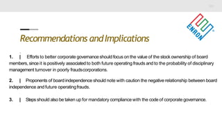 Recommendations andImplications
.
1. | Efforts to better corporate governance should focus on the value of the stock ownership of board
members, since it is positively associated to both future operating frauds and to the probability of disciplinary
management turnover in poorly fraudscorporations.
2. | Proponents of board independence should note with caution the negative relationship between board
independence and future operatingfrauds.
3. | Steps should also be taken up for mandatory compliance with the code of corporate governance.
 