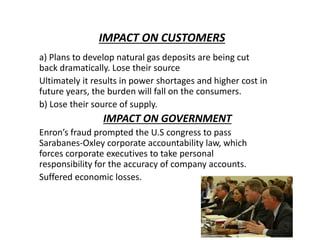 IMPACT ON CUSTOMERS
a) Plans to develop natural gas deposits are being cut
back dramatically. Lose their source
Ultimately it results in power shortages and higher cost in
future years, the burden will fall on the consumers.
b) Lose their source of supply.
IMPACT ON GOVERNMENT
Enron’s fraud prompted the U.S congress to pass
Sarabanes-Oxley corporate accountability law, which
forces corporate executives to take personal
responsibility for the accuracy of company accounts.
Suffered economic losses.
 