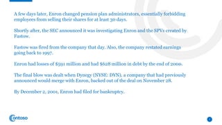 7
A few days later, Enron changed pension plan administrators, essentially forbidding
employees from selling their shares for at least 30 days.
Shortly after, the SEC announced it was investigating Enron and the SPVs created by
Fastow.
Fastow was fired from the company that day. Also, the company restated earnings
going back to 1997.
Enron had losses of $591 million and had $628 million in debt by the end of 2000.
The final blow was dealt when Dynegy (NYSE: DYN), a company that had previously
announced would merge with Enron, backed out of the deal on November 28.
By December 2, 2001, Enron had filed for bankruptcy.
 